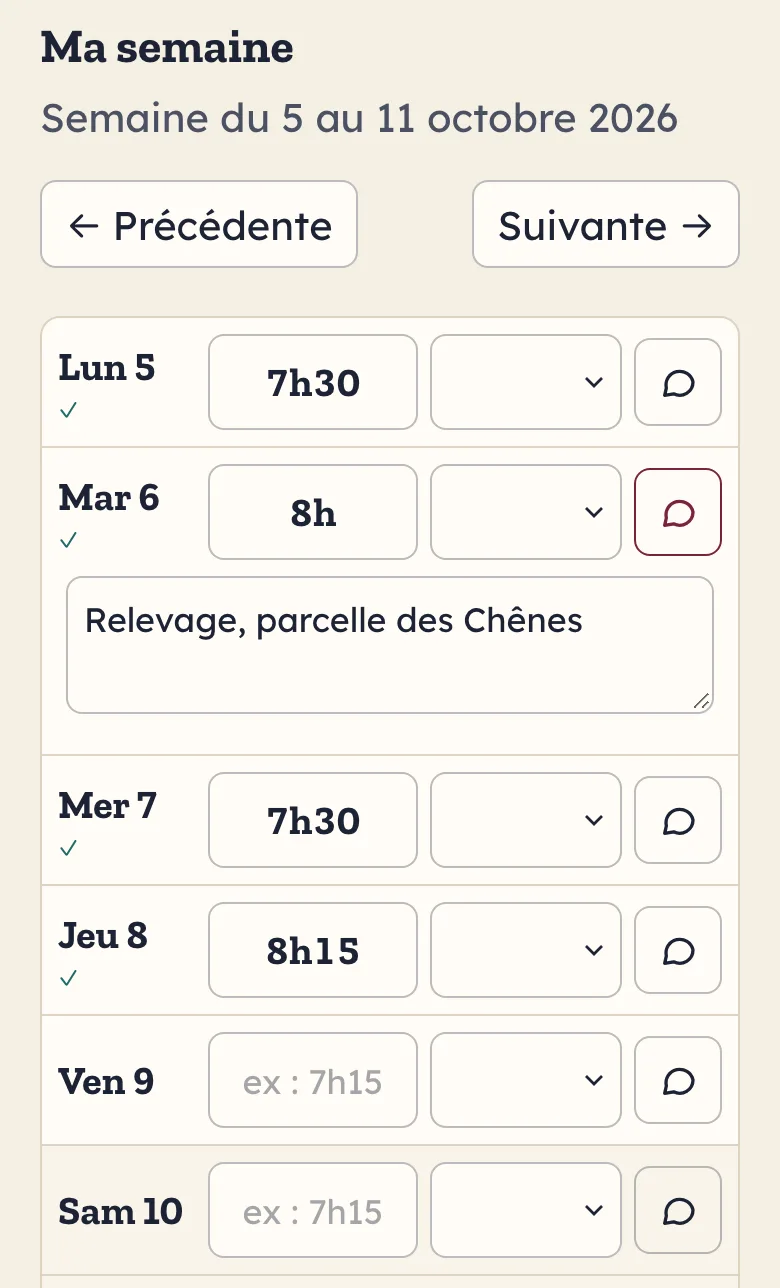 Saisie des heures de la semaine sur téléphone dans Emblava